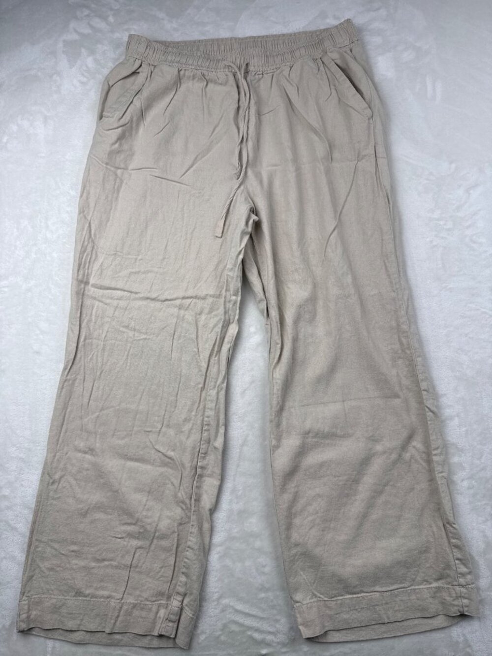 Briggs Womens XL Beige Linen Blend Wide-Leg Pants With Drawstring Waist